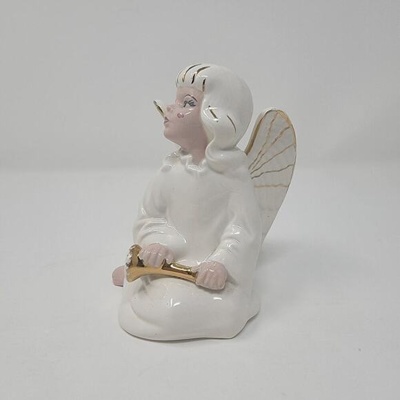 Signed Vintage Hand Painted White Christmas Angel & Horn Figurine 1972 - Picture 6 of 11